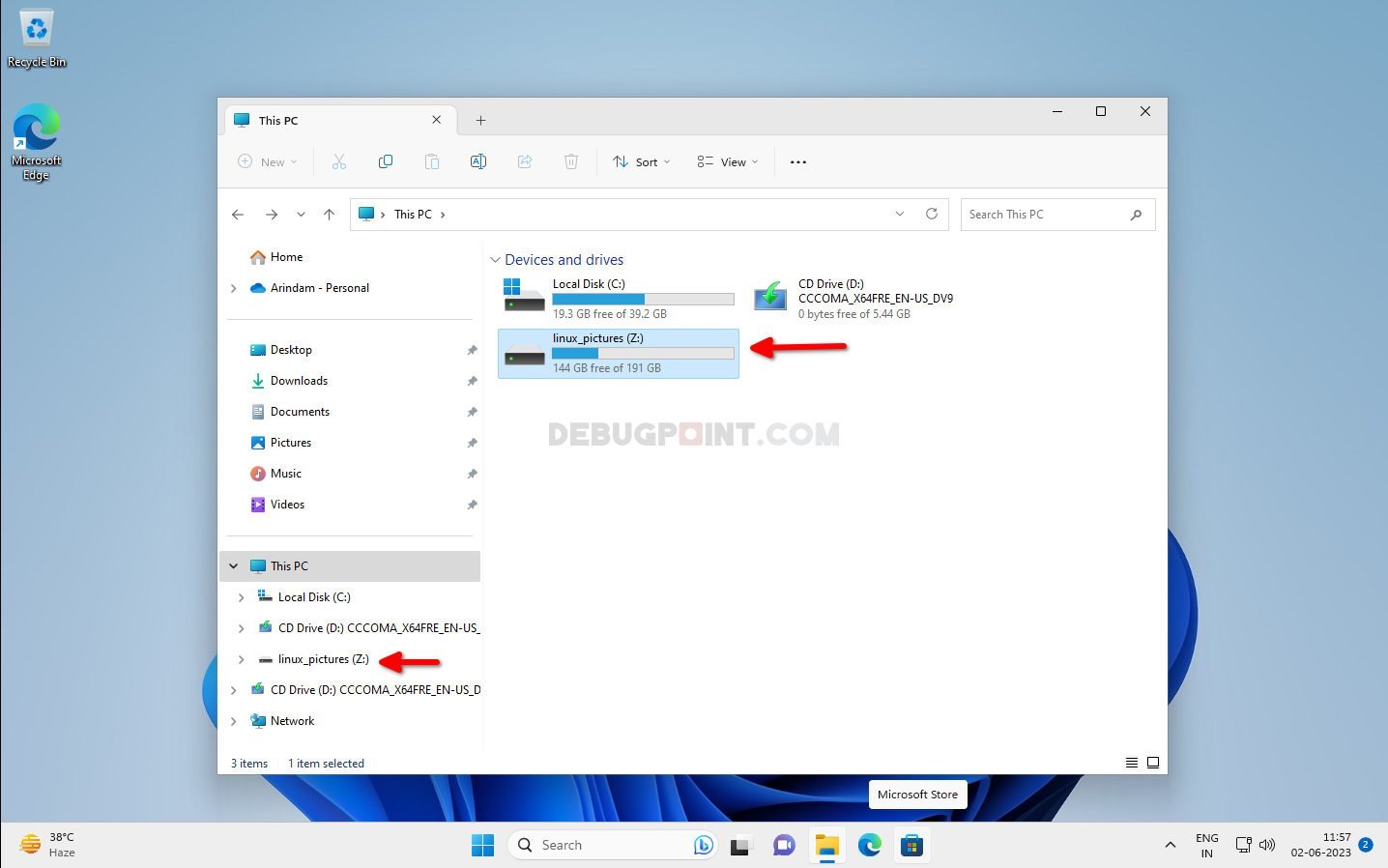 The mount tag is mapped as Z drive in Windows